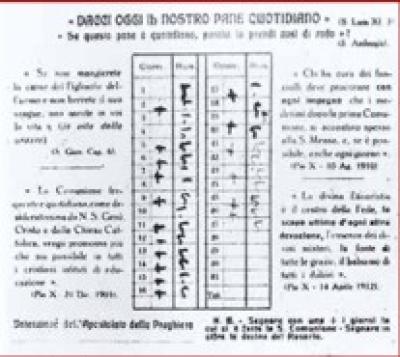 Tessera mensile dell’Apostolato della Preghiera, su cui Pier Giorgio tiene il conto delle comunioni e dei rosari. 